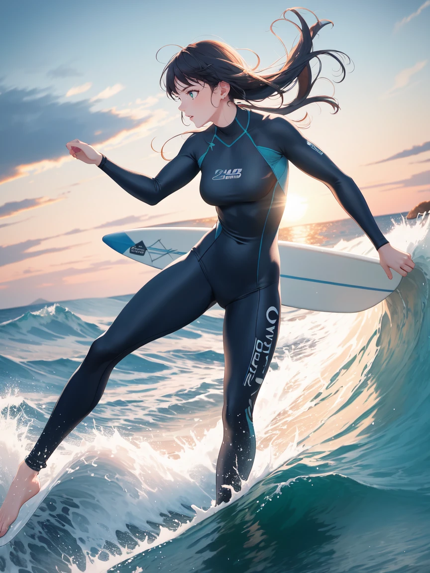 1girl,A person surfing a large wave, ocean waves crashing, sun-drenched ocean, dramatic sky with clouds, muscular surfer body, surfer riding the wave, extreme action, ocean spray, wet suit, surfboard, perfect wave, dynamic movement, vivid colors, photorealistic, 8k, (best quality, 4k, 8k, highres, masterpiece:1.2), ultra-detailed, (realistic, photorealistic, photo-realistic:1.37), HDR, UHD, studio lighting, extreme detail description, professional, vivid colors, action shot, ocean landscape