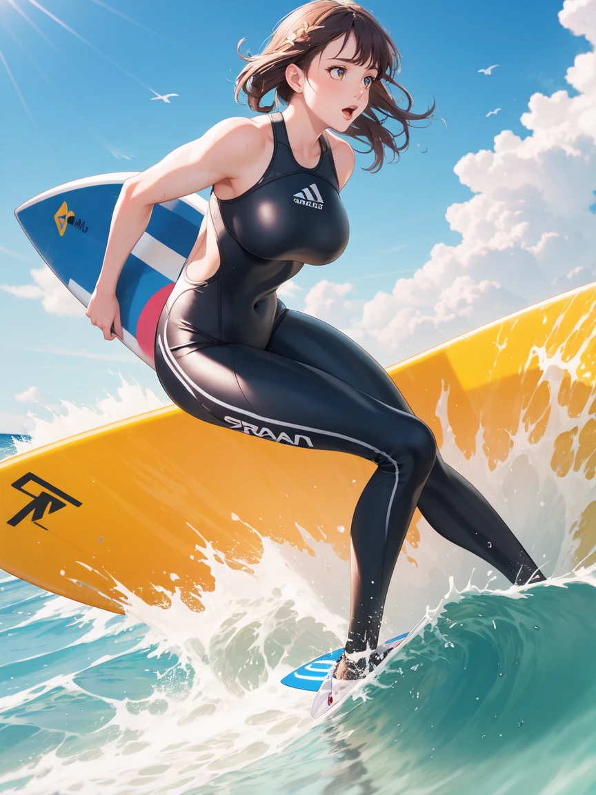 1girl,A person surfing a large wave, ocean waves crashing, sun-drenched ocean, dramatic sky with clouds, muscular surfer body, surfer riding the wave, extreme action, ocean spray, wet suit, surfboard, perfect wave, dynamic movement, vivid colors, photorealistic, 8k, (best quality, 4k, 8k, highres, masterpiece:1.2), ultra-detailed, (realistic, photorealistic, photo-realistic:1.37), HDR, UHD, studio lighting, extreme detail description, professional, vivid colors, action shot, ocean landscape