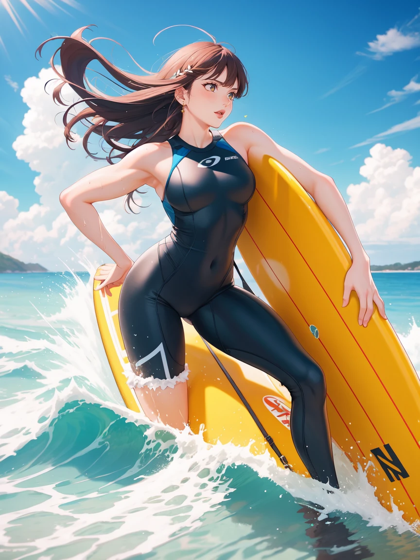 1girl,A person surfing a large wave, ocean waves crashing, sun-drenched ocean, dramatic sky with clouds, muscular surfer body, surfer riding the wave, extreme action, ocean spray, wet suit, surfboard, perfect wave, dynamic movement, vivid colors, photorealistic, 8k, (best quality, 4k, 8k, highres, masterpiece:1.2), ultra-detailed, (realistic, photorealistic, photo-realistic:1.37), HDR, UHD, studio lighting, extreme detail description, professional, vivid colors, action shot, ocean landscape