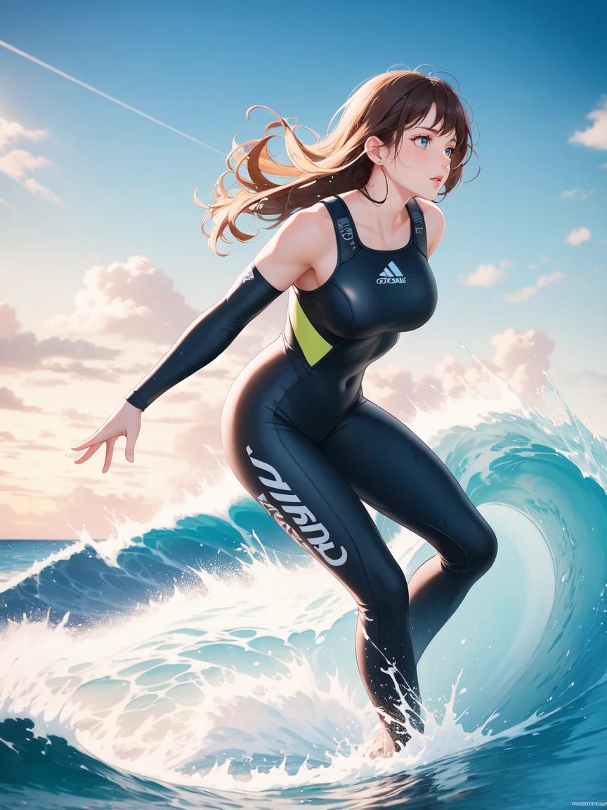 1girl,A person surfing a large wave, ocean waves crashing, sun-drenched ocean, dramatic sky with clouds, muscular surfer body, surfer riding the wave, extreme action, ocean spray, wet suit, surfboard, perfect wave, dynamic movement, vivid colors, photorealistic, 8k, (best quality, 4k, 8k, highres, masterpiece:1.2), ultra-detailed, (realistic, photorealistic, photo-realistic:1.37), HDR, UHD, studio lighting, extreme detail description, professional, vivid colors, action shot, ocean landscape