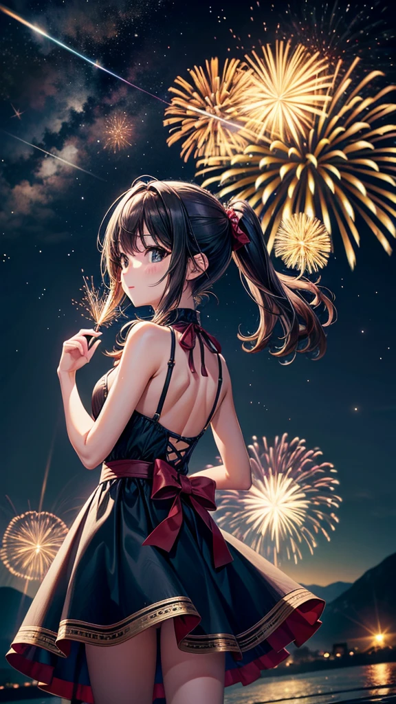 (Perfect composition:1.4),superwide shot,night,star空,Starlight,Extreme Light,流star群が空一面に広がる,One person girl,With your back to the camera,starを眺める,star,masterpiece、firework