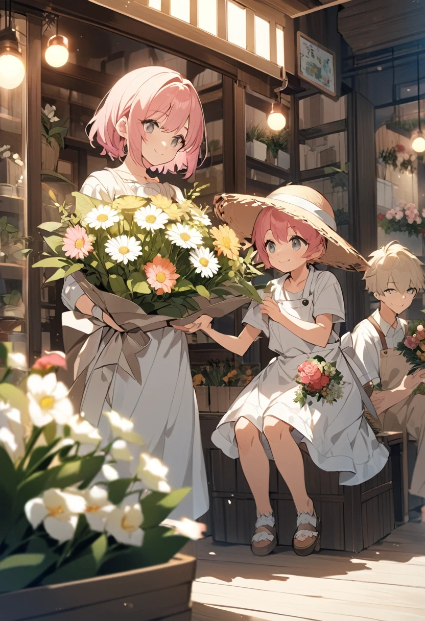 Anime Style、18、Pink Hair、Grey Eyes、Smile、short hair、Sit with your knees bent、Holding a bouquet、apron、Linen clothes、Little twin boys and girls wearing straw hats、Handing a bouquet to a small man and woman、Inside the flower shop、lighting