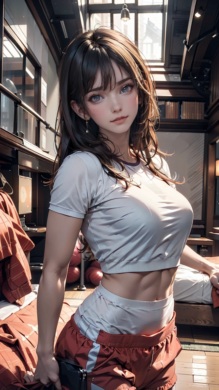 ((masterpiece)), ((Highest quality)), 8k, High resolution ((Hotel Gym 1.5))(Bustling cities in Japan 1.4)(Hotel Front Desk)(building)(Chamber 1.5)、24-year-old female、Sexy proportions、Supermodel((super model))、Sexy clothes、Raise your arms and ruffle your hair