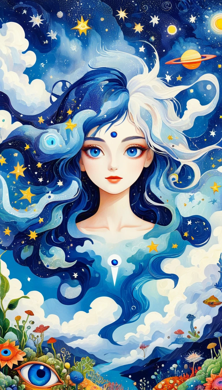 Picasso art style:Psychedelic Art。plant、Marine Life、(((Charming eyes,The Third Eye)))、cloud、Starry Sky,Galaxy、Planet、Stitching together an abstract painting,Describing the inner world of autistic people,Sense of space,Blank,White space,Pointillism method,Childish lines,Klein Blue