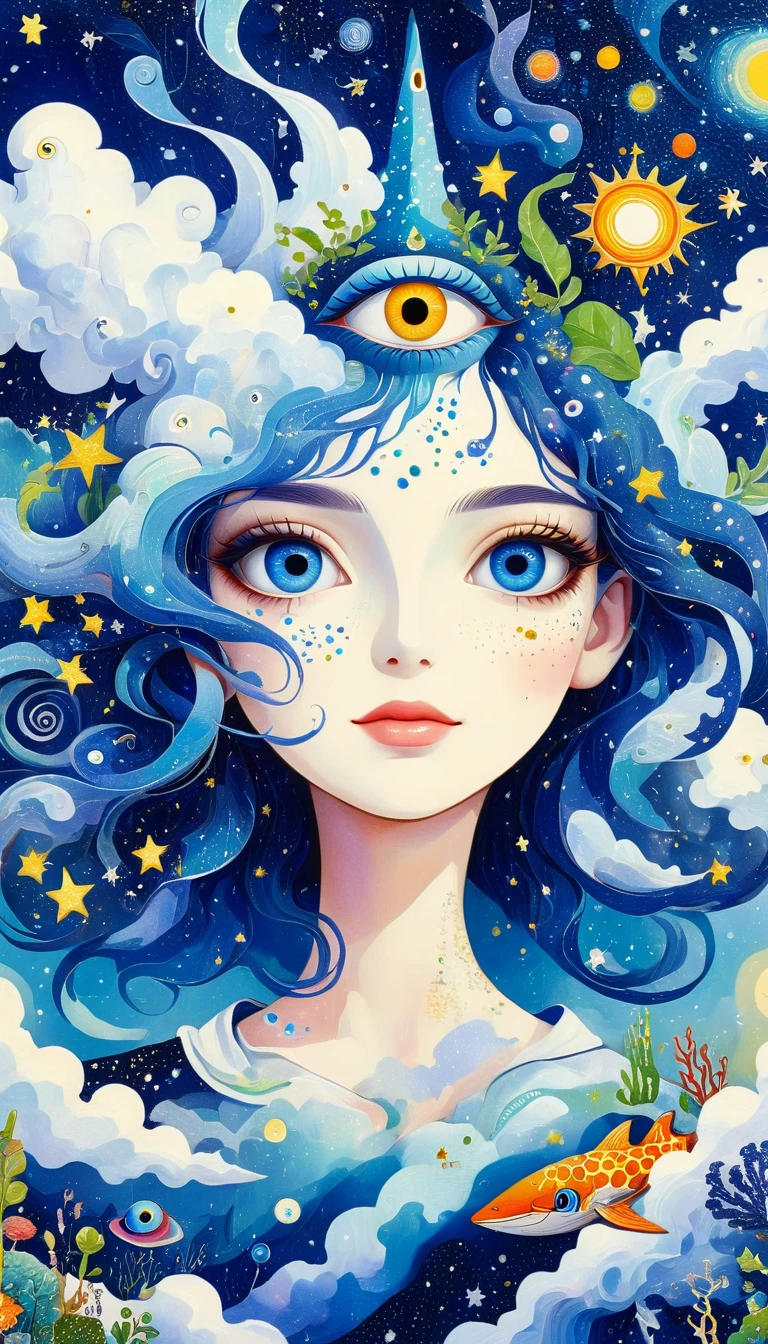 Picasso art style:Psychedelic Art。plant、Marine Life、(((Charming eyes,The Third Eye)))、cloud、Starry Sky,Galaxy、Planet、Stitching together an abstract painting,Describing the inner world of autistic people,Sense of space,Blank,White space,Pointillism method,Childish lines,Klein Blue