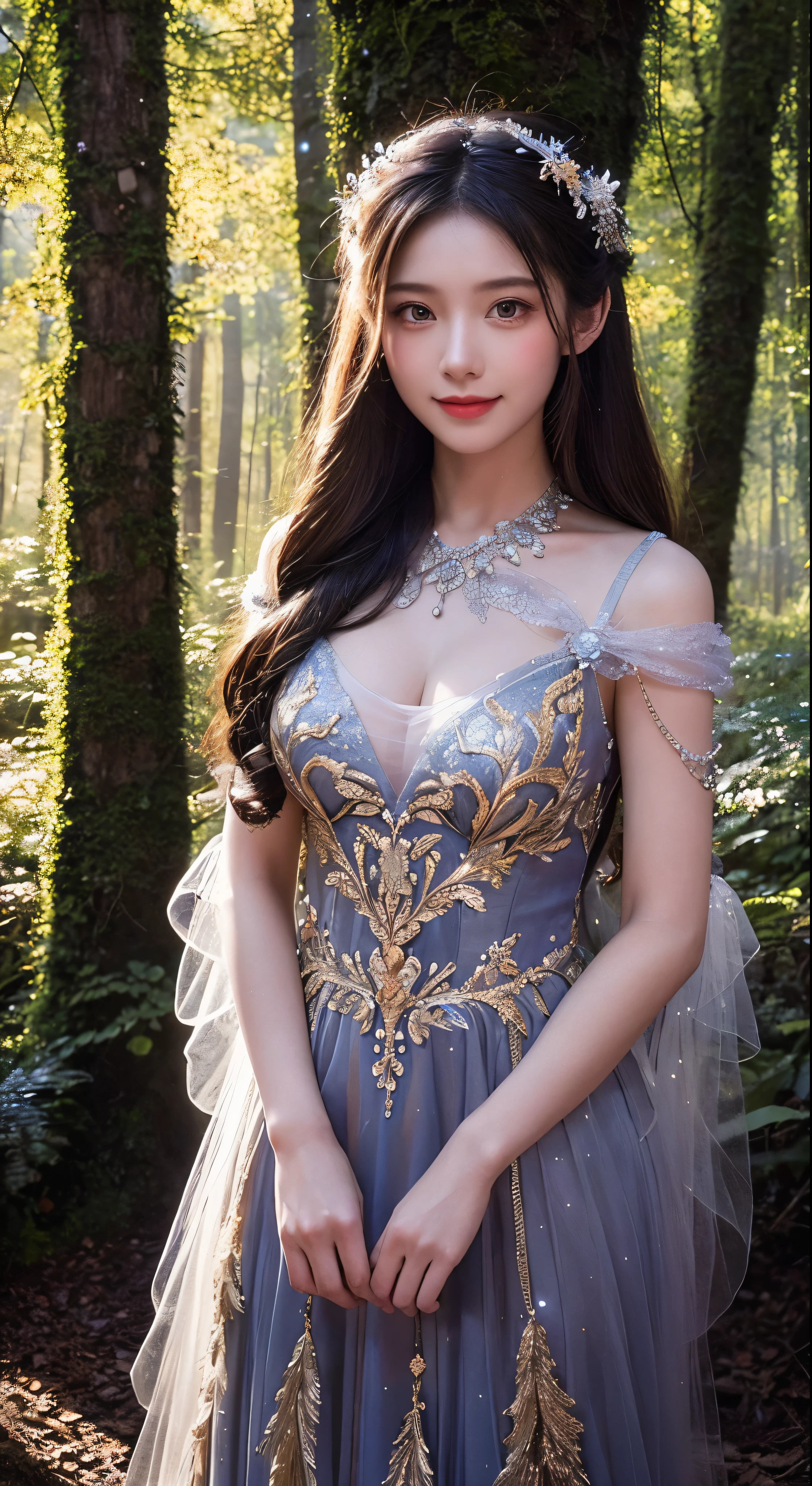 1girls, ,,Simper smile, High-definition image, a woman, her hair adorned with glowing fireflies, eyes shimmering with enchantment. Dressed in a gown made from woven moonlight, she stands in a mystical forest where trees come to life. The scene, bathed in the ethereal glow of the fireflies, captured in the style of a magical forest artwork., (masterpiece, best quality, official art,intricate details:1.2)
