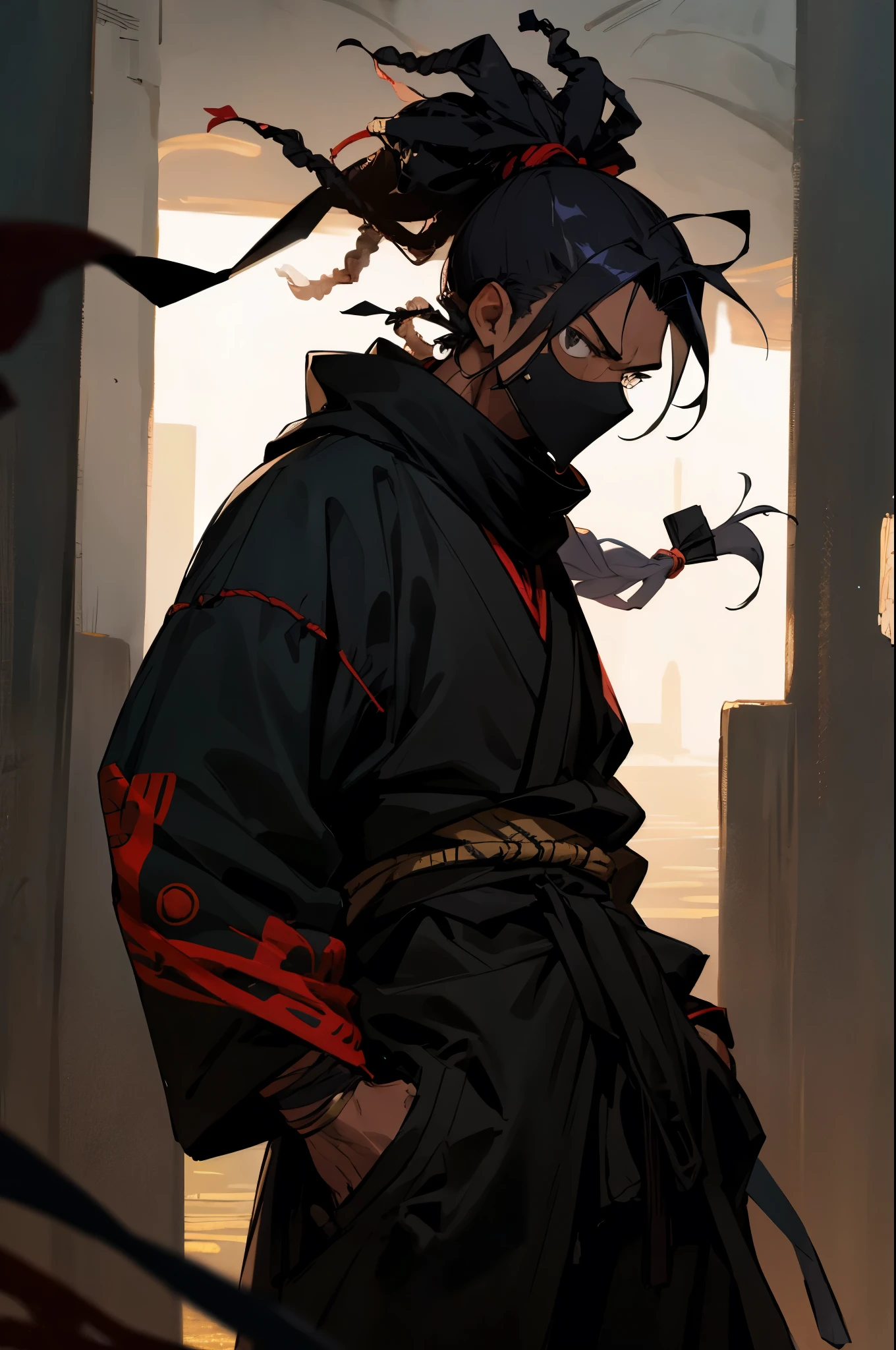 1male, dark skin, dreads, tied up hair, black eyes, detailed face, serious expression, baggy ninja clothing, ninja scarf over mouth, hands in pockets, medieval battlefield background