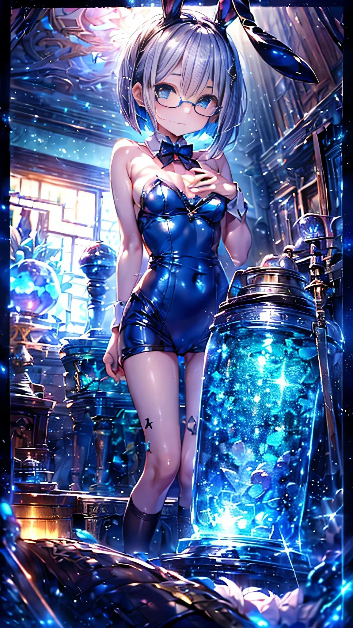 (((Bluish silver bob))) (Square frame glasses)、 (((Sparkling blue eyeid-chest)(,Black Bunny Girl))(Background Room)