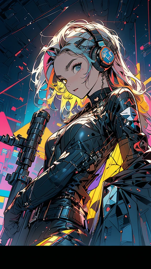(((masterpiece, highest quality))),(((solo:1.2))),(((1girl:1.2))),32k wallpaper, very detailed, poster, vintage science fiction,(((((geometric cinematic movie poster))))), ((bauhaus)),(shape),(((abstract))),(mid century modern),(((((portfolio))))),(((((Close-up))))),(((((bust up))))),((((more various angle)))),((((highlight)))),((((heterochromia)))),(((complete. detailed face))),((((Extremely talented)))),(((((most complecated futristic machine))))),(Colorful color scheme),(((detailed unlimited complete equipment : headphone like a rail gun))),(((((Absolutely simple background))))),(((Texture for people : grunge))),
