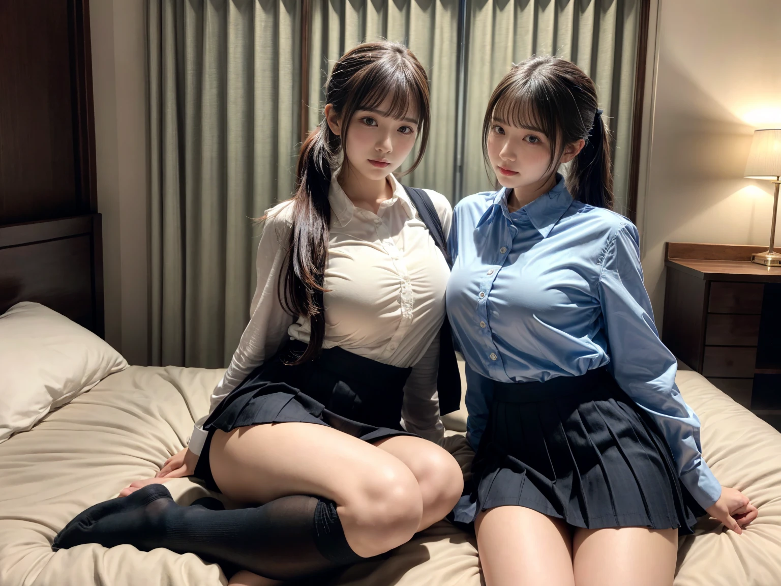 (8K, RAW Photos, Highest quality, masterpiece:1.2), (professional photography, full colors, studio-caliber color grading), (Gravure quality for high-end fashion magazines), (2 girls), BREAK,18 year old girl, (fluffy ponytail:1.2), Big Natural Color Lip, Plumpy body, (smooth skin:1.1), huge breasts, BREAK, (collared shirt:1.1), pleated skirt, knee high socks, BREAK, hotel room, cute , lolita