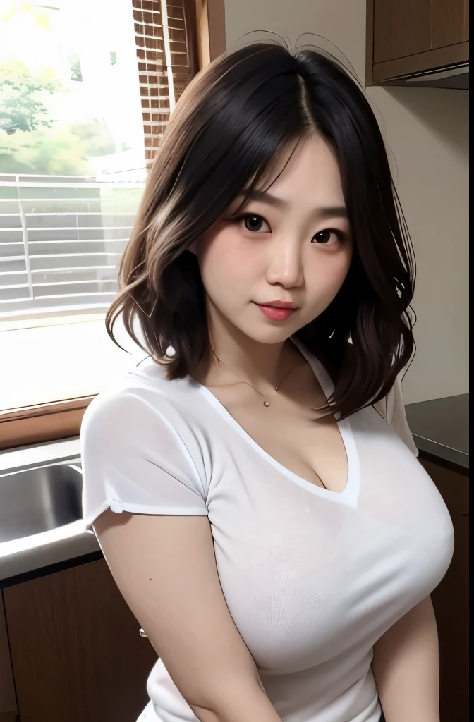 Beautiful, daughter-in-law, japanese, voluptuous, tshirt knit vneck, sports short pants, In the kitchen, soft gaze, seductive facial expression