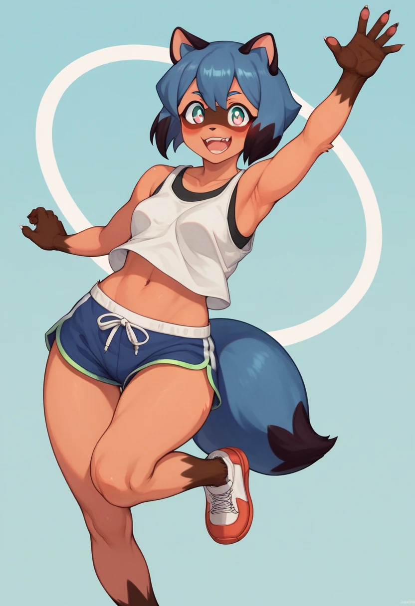(master piece: 1.1), By aruurara, michiru kagemori, raccoon girl, raccoon ears, raccoon tail, 1girl, animal ears, furry female, shorts, body fur, solo, furry, open mouth, short hair, blue hair, tank top, smile, blue shorts, asphalt surfacing, dolphin shorts, navel, blush, pencil drawing style, cross hatching texture shadows, full body view, random poses, dynamic Pose, dynamic view, Mythology Go, street pose