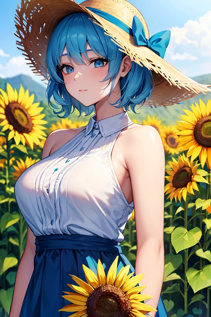 Light blue hair Wave Shorthair Light blue eyes A kind expression beautiful girl Sunflower field Straw hat