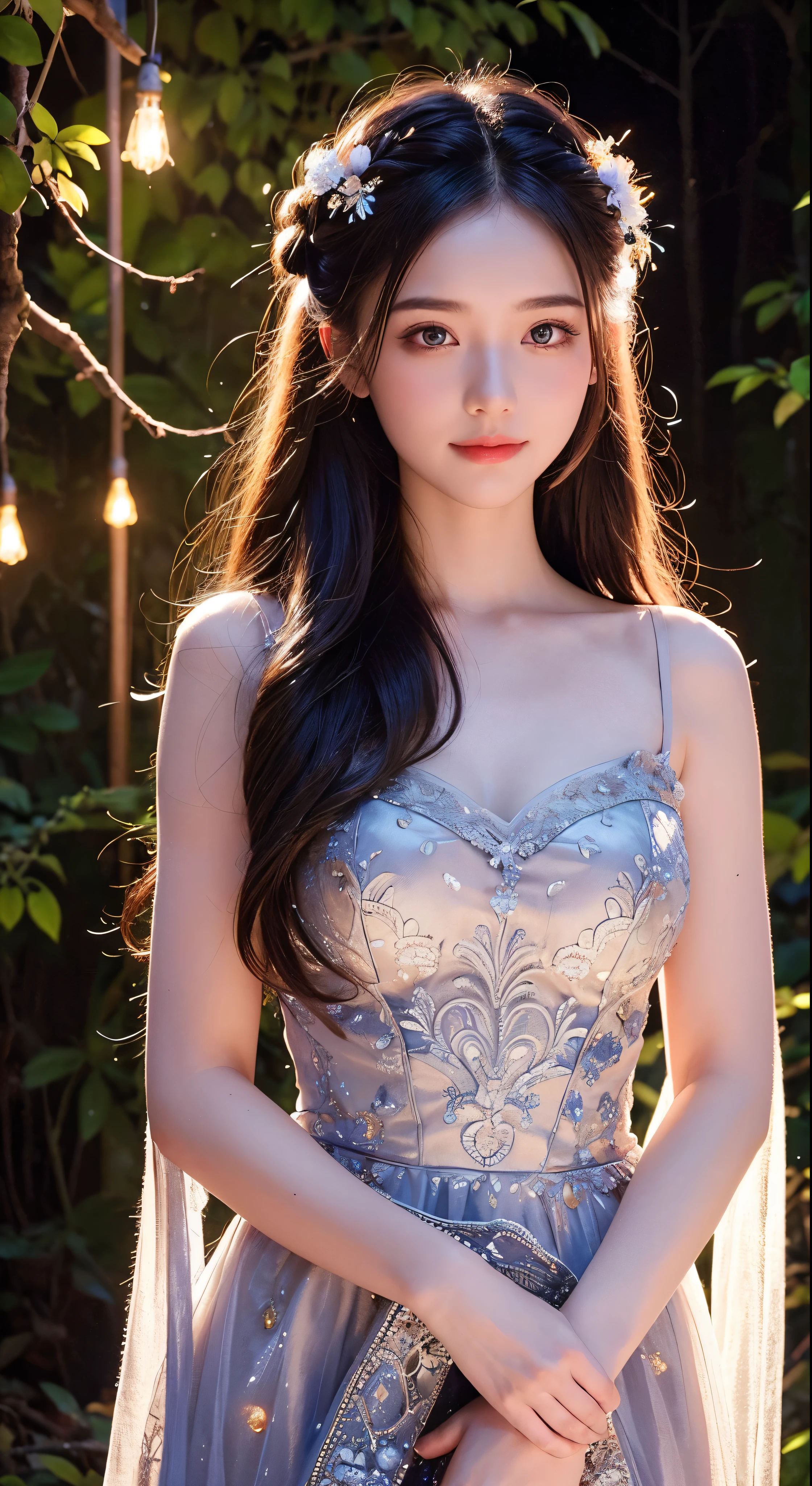 1girls, ,,Simper smile, High-definition image, a woman, her hair adorned with glowing fireflies, eyes shimmering with enchantment. Dressed in a gown made from woven moonlight, she stands in a mystical forest where trees come to life. The scene, bathed in the ethereal glow of the fireflies, captured in the style of a magical forest artwork., (masterpiece, best quality, official art,intricate details:1.2)