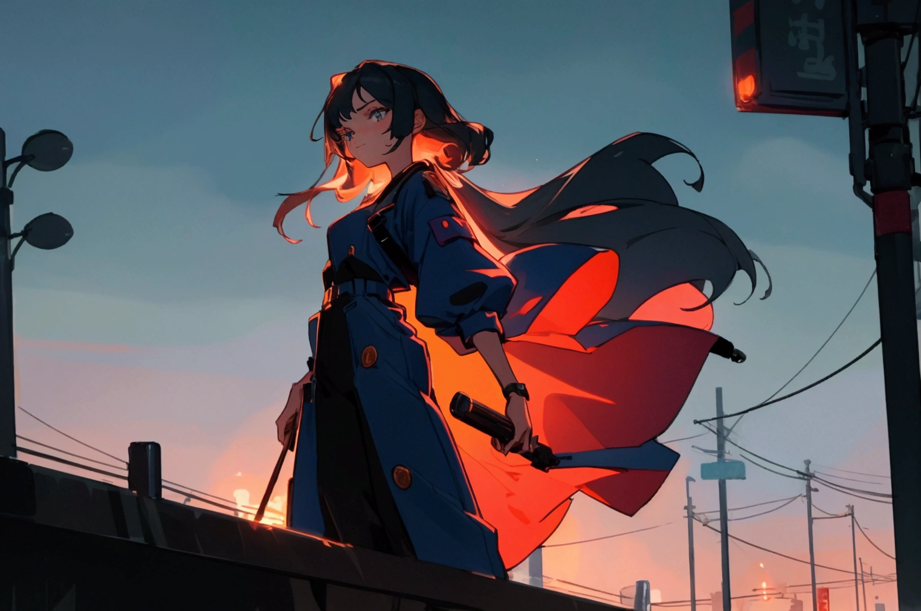 An 18-year-old girl is standing in a lively nighttime street, wearing an 80s-style top and bottom. The sky is dark. In the background, there are illuminated signs and streetlights, as well as a crowd of people. The style is pop and anime-inspired. The shot is a bust-up view. She has long light blue hair and a bright expression. The overall atmosphere evokes a cinematic feel.