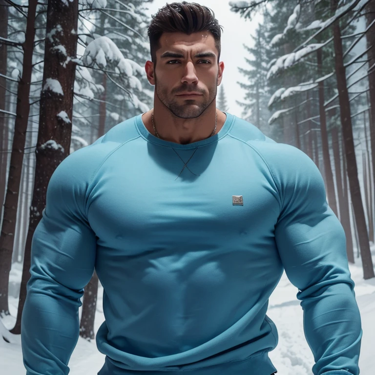 a very handsome, massively muscular man, with massively large muscles, with massively large biceps, wearing a simple light blue sweatshirt with long sleeves, in a snowy forest at night