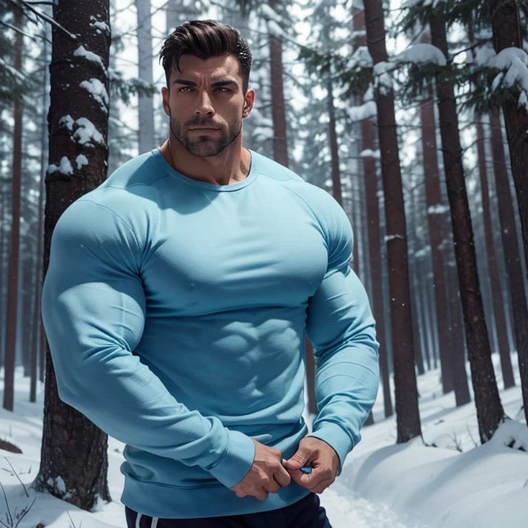 a very handsome, massively muscular man, with massively large muscles, with massively large biceps, wearing a simple light blue sweatshirt with long sleeves, in a snowy forest at night