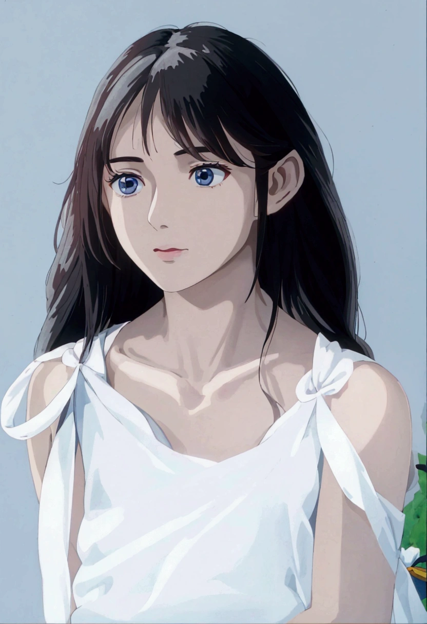 Ghibli style, a close up of a woman with long hair wearing a white top, inspired by Ma Yuanyu, xintong chen, with cute - fine - face, full body xianxia, white hime cut hairstyle, sha xi, xianxia, girl cute-fine-face, li zixin, yun ling, ruan jia beautiful!, cai xukun