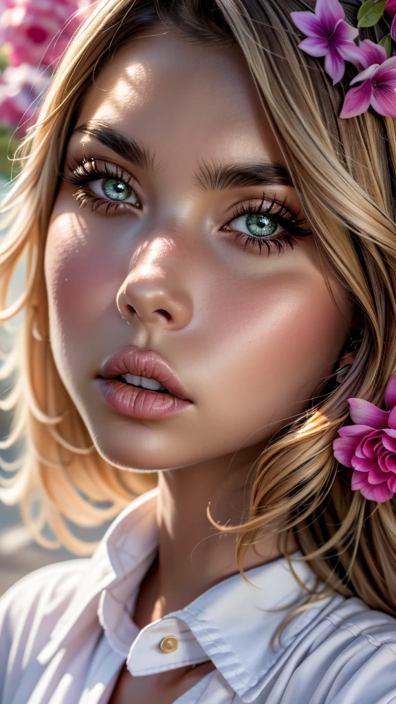 anime girl, realistic shadows, detailed skin, very small breasts, black fur, Very detailed, 8k highly detailed face, perfect face shape, perfect full lips, perfect nose, correct beautiful eyes, Observation viewer, White shirt, flowers for hair, Masterpiece, Best Quality, Single woman, not good, No panties, Alone