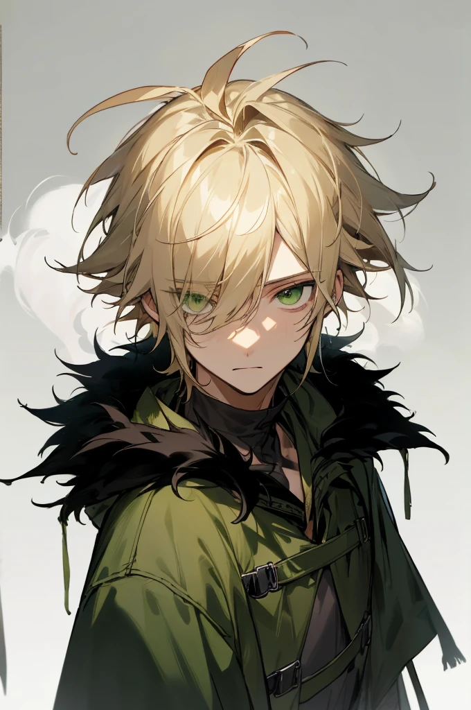 1male, blonde hair, black streaks, messy hair, hair over eye, green eyes, expressionless, green coat with fur neck, white foggy background