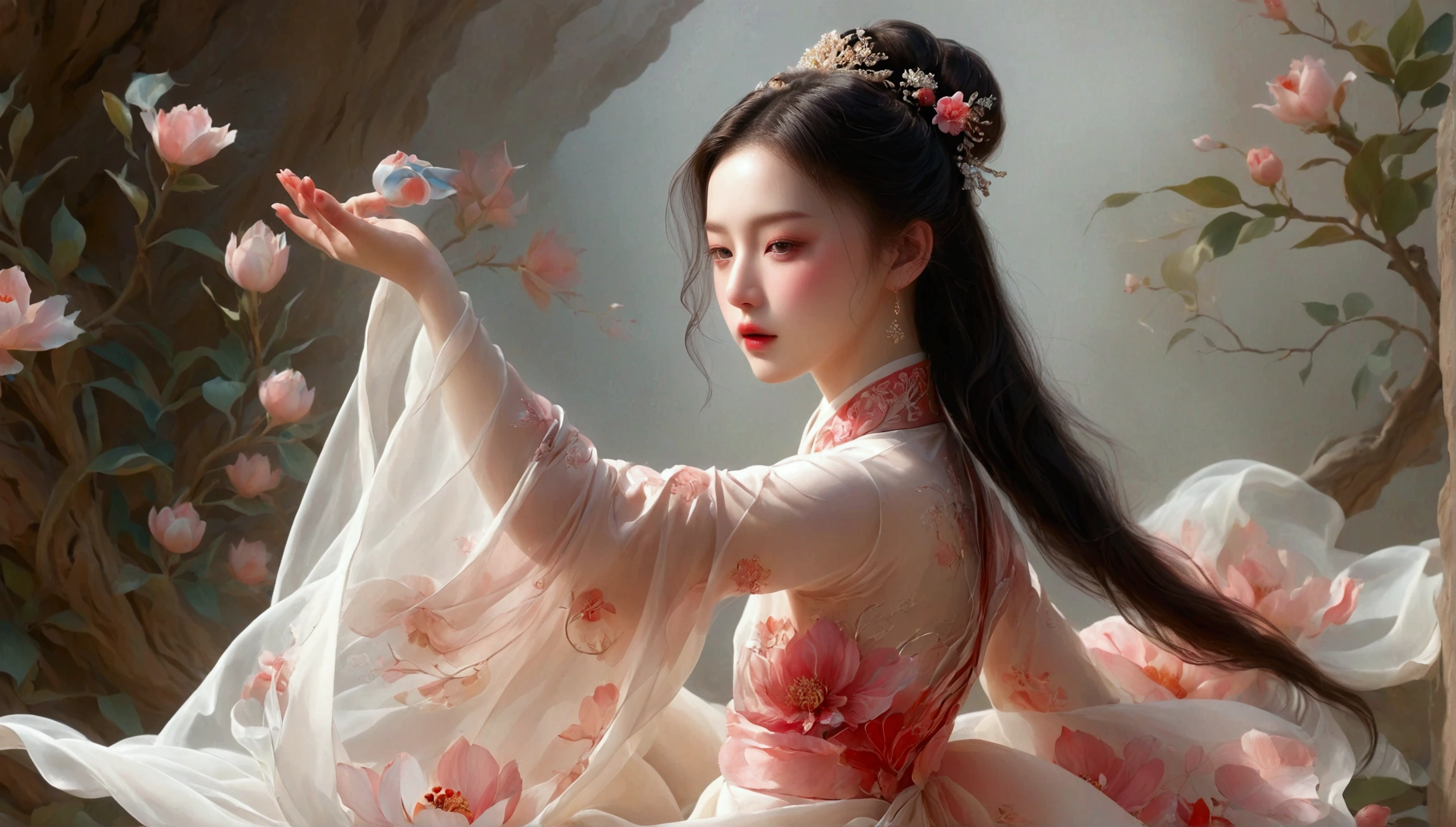 ((exhibit，Still Life Table，Artistic statues，3D Sculpture，ceramics，Surface cracks，Shattered Texture)), 展现nature之美.Kaneko，Gold Dust， Emphasize its artistic quality.exhibit全身的舞蹈动作；Beautiful dance photography；A little girl，Solitary；A dancing little girl；[Black Eyeball，confidence，High and cold，happy]；[Long skirt elegant style，Long sleeve；Set，Light pink and white gradient，Traditional style，The skirt has no pattern，The hem of the long skirt is like petals covering the background,Petal pattern，The background is petals and skirt,]；[Chinese dance]，[Full body panorama 1.5]，front；Composition：The character is on the right side of the screen；Long hair in the wind,advanced sense,Fashion, Dynamic photography, Loop video, Fascinating movement, captivating visuals, Seamless integration, Compelling storytelling, Vortex phenomenon, Angled form, Dynamic Movement, Bold Geometric Shapes, Fragment shape, sharp contrast, Influence of modernism, nature, , modern Art, Astonishing, Unreal Background, Art from (Alessio Albi:1.1), Soft lighting，front光, happy emotion,(close up, Face Focus), (Fractal Art) Extremely detailed,The most beautiful form of chaos, elegant； Simple style；Minimalism。Panoramic photography；Depth of Field, Extraordinary details, masterpiece, high quality, 4K，cinematic lighting, motion blur, depth of field, sparkle, ray tracing, reflection light, anatomically correct, uhd, textured skin, best quality, super detail, highres, high details, accurate, high quality, award winning
