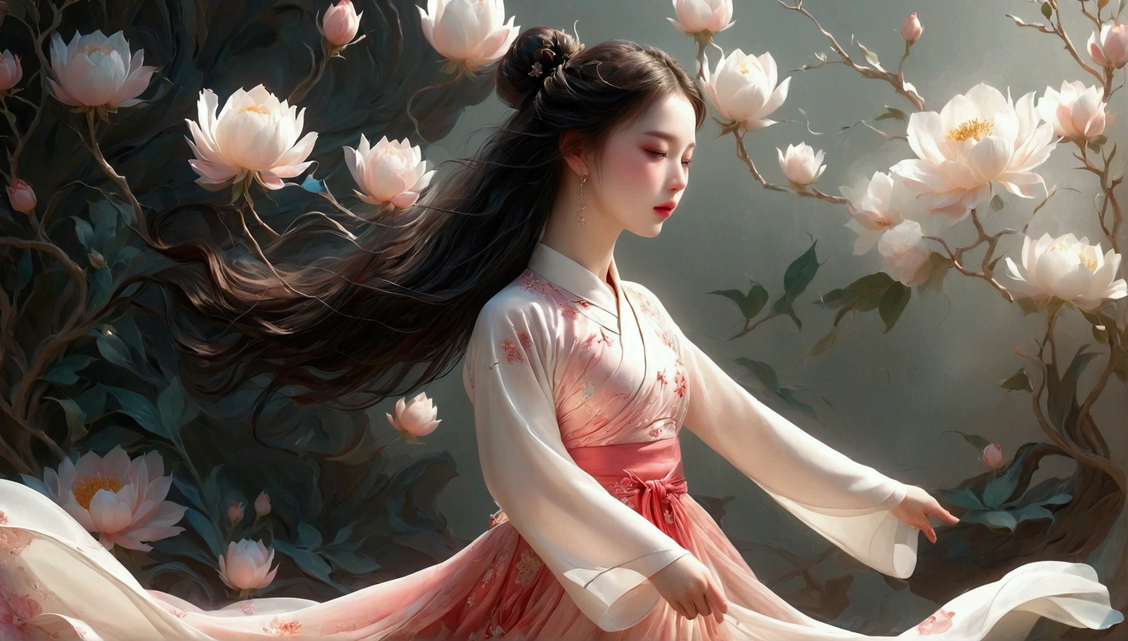 ((exhibit，Still Life Table，Artistic statues，3D Sculpture，ceramics，Surface cracks，Shattered Texture)), 展现nature之美.Kaneko，Gold Dust， Emphasize its artistic quality.exhibit全身的舞蹈动作；Beautiful dance photography；A little girl，Solitary；A dancing little girl；[Black Eyeball，confidence，High and cold，happy]；[Long skirt elegant style，Long sleeve；Set，Light pink and white gradient，Traditional style，The skirt has no pattern，The hem of the long skirt is like petals covering the background,Petal pattern，The background is petals and skirt,]；[Chinese dance]，[Full body panorama 1.5]，front；Composition：The character is on the right side of the screen；Long hair in the wind,advanced sense,Fashion, Dynamic photography, Loop video, Fascinating movement, captivating visuals, Seamless integration, Compelling storytelling, Vortex phenomenon, Angled form, Dynamic Movement, Bold Geometric Shapes, Fragment shape, sharp contrast, Influence of modernism, nature, , modern Art, Astonishing, Unreal Background, Art from (Alessio Albi:1.1), Soft lighting，front光, happy emotion,(close up, Face Focus), (Fractal Art) Extremely detailed,The most beautiful form of chaos, elegant； Simple style；Minimalism。Panoramic photography；Depth of Field, Extraordinary details, masterpiece, high quality, 4K，cinematic lighting, motion blur, depth of field, sparkle, ray tracing, reflection light, anatomically correct, uhd, textured skin, best quality, super detail, highres, high details, accurate, high quality, award winning
