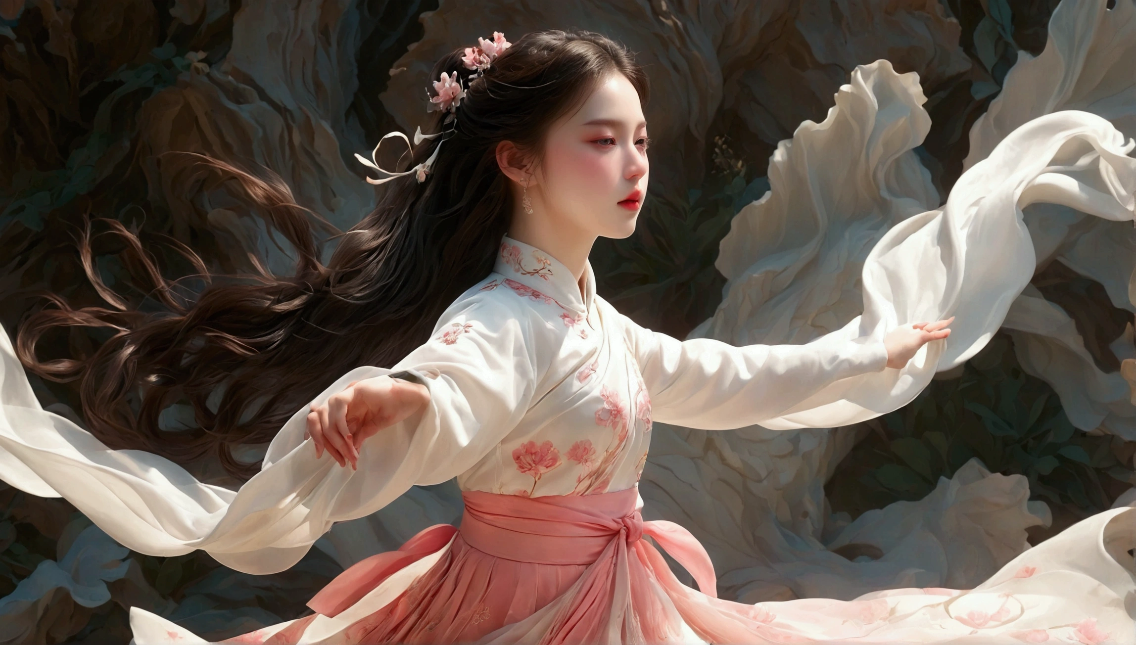 ((exhibit，Still Life Table，Artistic statues，3D Sculpture，ceramics，Surface cracks，Shattered Texture)), 展现nature之美.Kaneko，Gold Dust， Emphasize its artistic quality.exhibit全身的舞蹈动作；Beautiful dance photography；A ，Solitary；A dancing little girlball，confidence，High and cold，happy]；[Long skirt elegant style，Long sleeve；Set，Light pink and white gradient，Traditional style，The skirt has no pattern，The hem of the long skirt is like petals covering the background,Petal pattern，The background is petals and skirt,]；[Chinese dance]，[Full body panorama 1.5]，front；Composition：The character is on the right side of the screen；Long hair in the wind,advanced sense,Fashion, Dynamic photography, Loop video, Fascinating movement, captivating visuals, Seamless integration, Compelling storytelling, Vortex phenomenon, Angled form, Dynamic Movement, Bold Geometric Shapes, Fragment shape, sharp contrast, Influence of modernism, nature, , modern Art, Astonishing, Unreal Background, Art from (Alessio Albi:1.1), Soft lighting，front光, happy emotion,(close up, Face Focus), (Fractal Art) Extremely detailed,The most beautiful form of chaos, elegant； Simple style；Minimalism。Panoramic photography；Depth of Field, Extraordinary details, masterpiece, high quality, 4K，cinematic lighting, motion blur, depth of field, sparkle, ray tracing, reflection light, anatomically correct, uhd, textured skin, best quality, super detail, highres, high details, accurate, high quality, award winning
