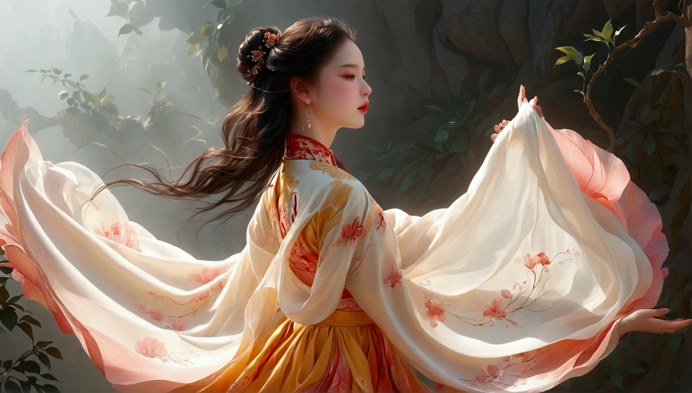 ((exhibit，Still Life Table，Artistic statues，3D Sculpture，ceramics，Surface cracks，Shattered Texture)), 展现nature之美.Kaneko，Gold Dust， Emphasize its artistic quality.exhibit全身的舞蹈动作；Beautiful dance photography；A  girl，Solitary；A dancing little[Black Eyeball，confidence，High and cold，happy]；[Long skirt elegant style，Long sleeve；Set，Light pink and white gradient，Traditional style，The skirt has no pattern，The hem of the long skirt is like petals covering the background,Petal pattern，The background is petals and skirt,]；[Chinese dance]，[Full body panorama 1.5]，front；Composition：The character is on the right side of the screen；Long hair in the wind,advanced sense,Fashion, Dynamic photography, Loop video, Fascinating movement, captivating visuals, Seamless integration, Compelling storytelling, Vortex phenomenon, Angled form, Dynamic Movement, Bold Geometric Shapes, Fragment shape, sharp contrast, Influence of modernism, nature, , modern Art, Astonishing, Unreal Background, Art from (Alessio Albi:1.1), Soft lighting，front光, happy emotion,(close up, Face Focus), (Fractal Art) Extremely detailed,The most beautiful form of chaos, elegant； Simple style；Minimalism。Panoramic photography；Depth of Field, Extraordinary details, masterpiece, high quality, 4K，cinematic lighting, motion blur, depth of field, sparkle, ray tracing, reflection light, anatomically correct, uhd, textured skin, best quality, super detail, highres, high details, accurate, high quality, award winning
