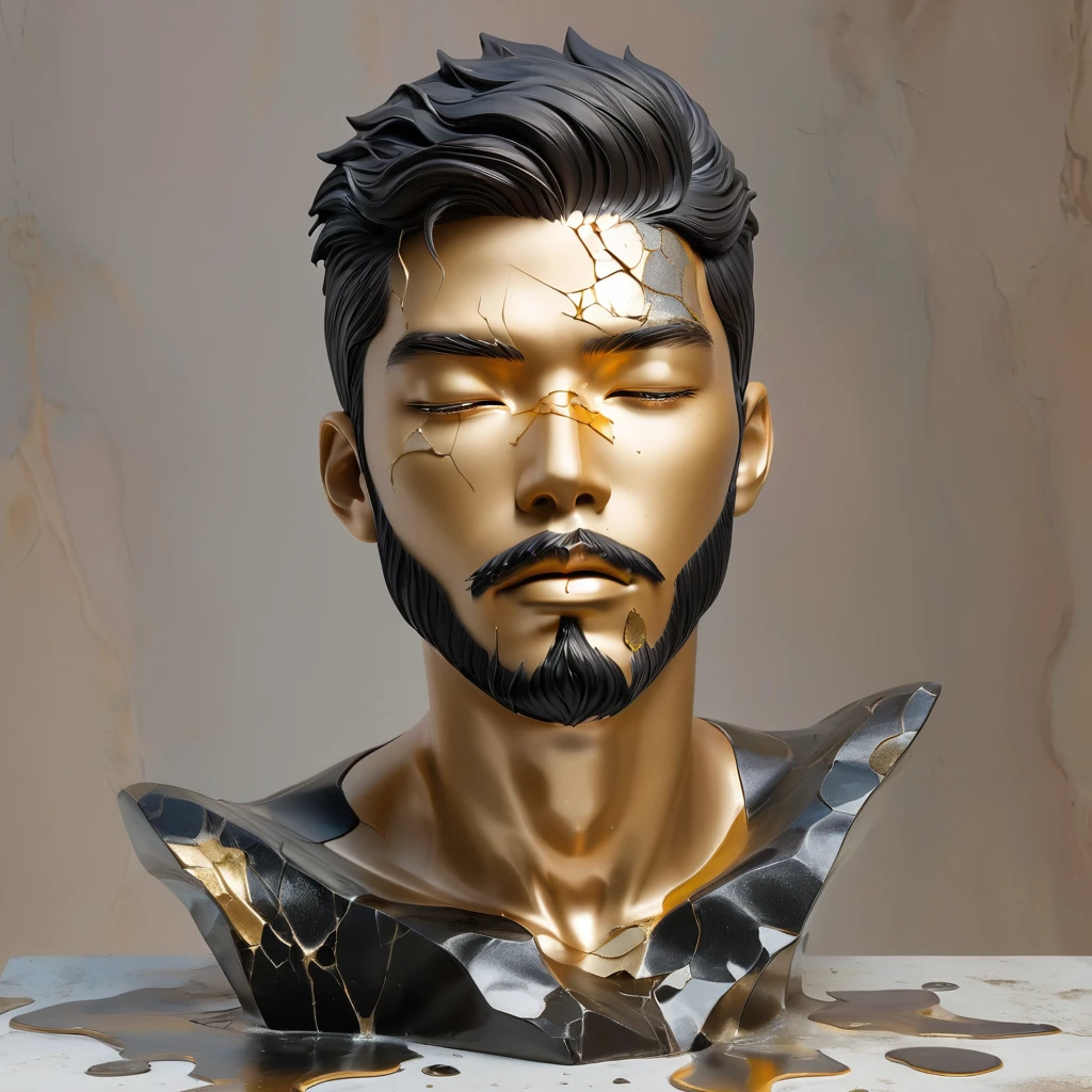 ((display,Still life table,Artistic statues,3D Sculpture,ceramics,Surface cracks,Shattered Texture)), Showing the beauty of nature.gold,black powder, To emphasize its artistic quality, Asian men, with stubble, short beard, short mustache, Beard scum, slightly curly hair, and black square plastic-framed glasses