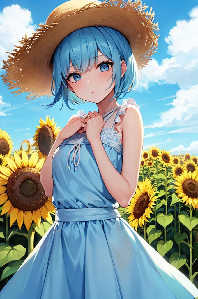 Light blue hair　Wave Shorthair　Light blue eyes　A kind expression　beautiful girl　Sunflower field　Straw hat