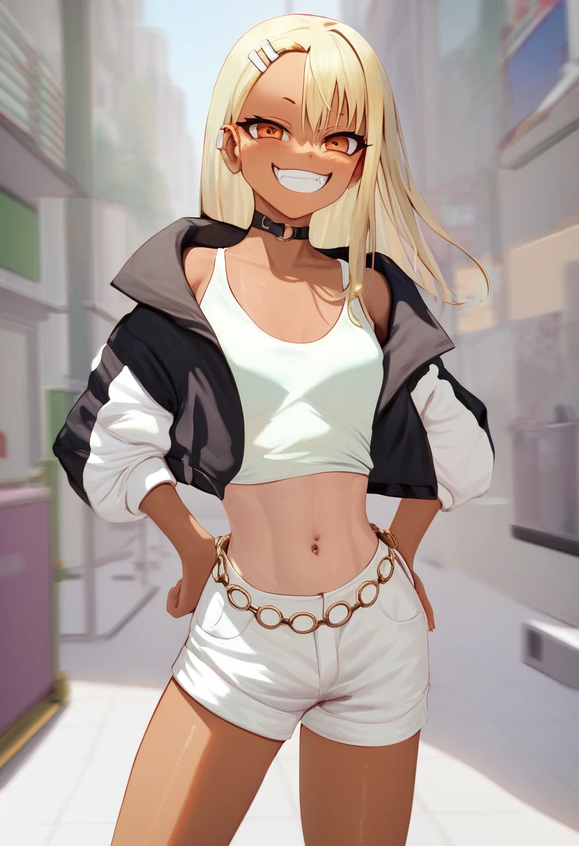 score_9, score_8_up, score_7_up, 1girl, standing, nagatoro hayase, solo , anime, blonde hair, hair clip, grin smile, tan, dark-skinned female, hadegalchainbelt, large o-rings, chain-belt, black cropped jacket, light green camisole, white shorts , masterpiece, ultra-detailed, 4k, look straight at viewer, 