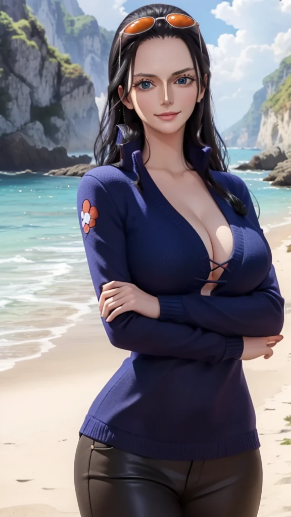 (Masterpiece), 1girl, high quality, best quality, extremely detailed eyes, extremely detailed body, blush, highly detailed, Nico robin, one piece, (Long Straight black hair), blue eyes,  looking at viewer, smile, big breasts, closed mouth, 1girl, upper body, open clothes, eyewear on head, hair slicked back, red sweater, beach and yacht background