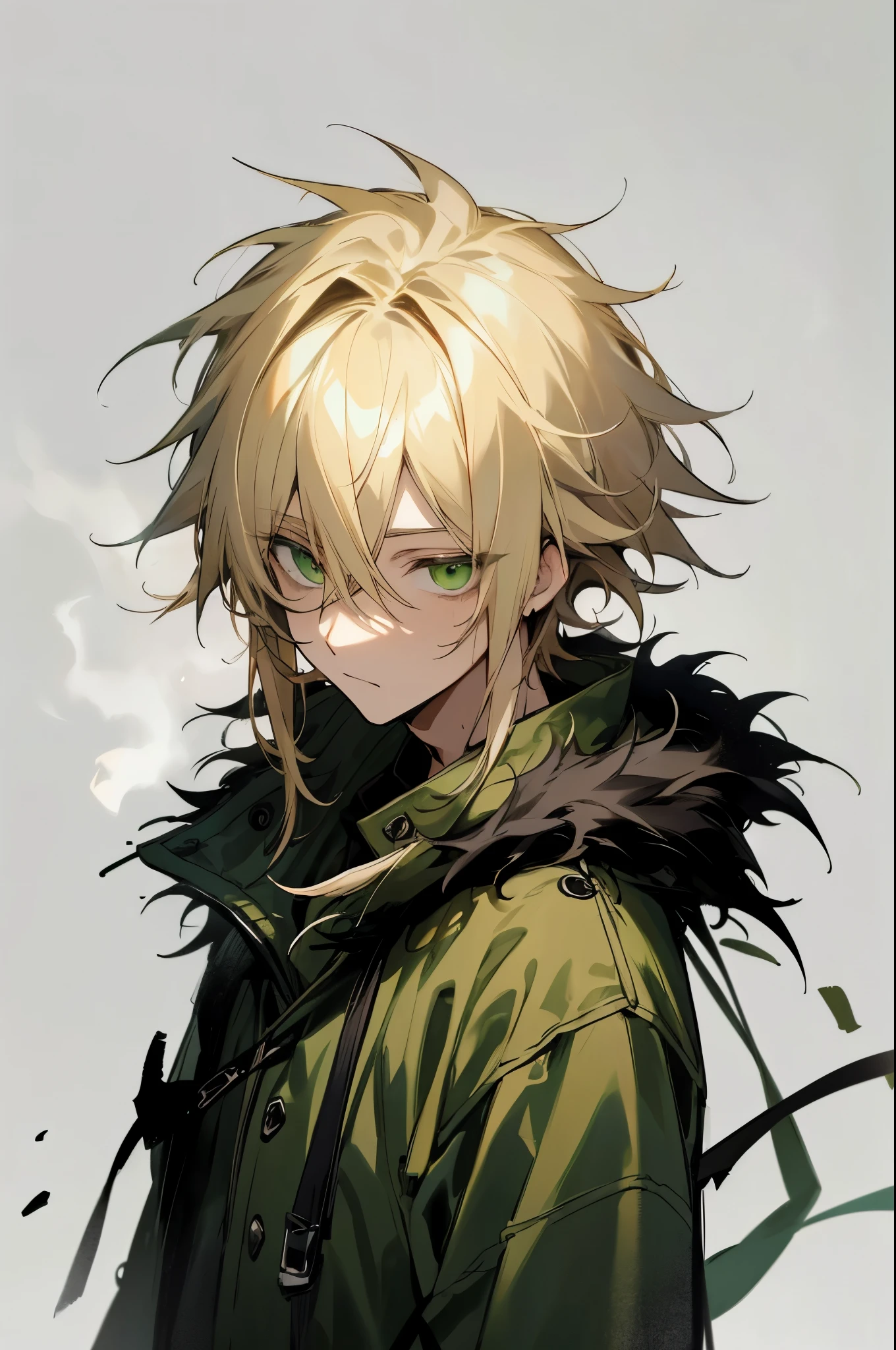 1male, blonde hair, black streaks, messy hair, hair over eye, green eyes, expressionless, green coat with fur neck, white foggy background