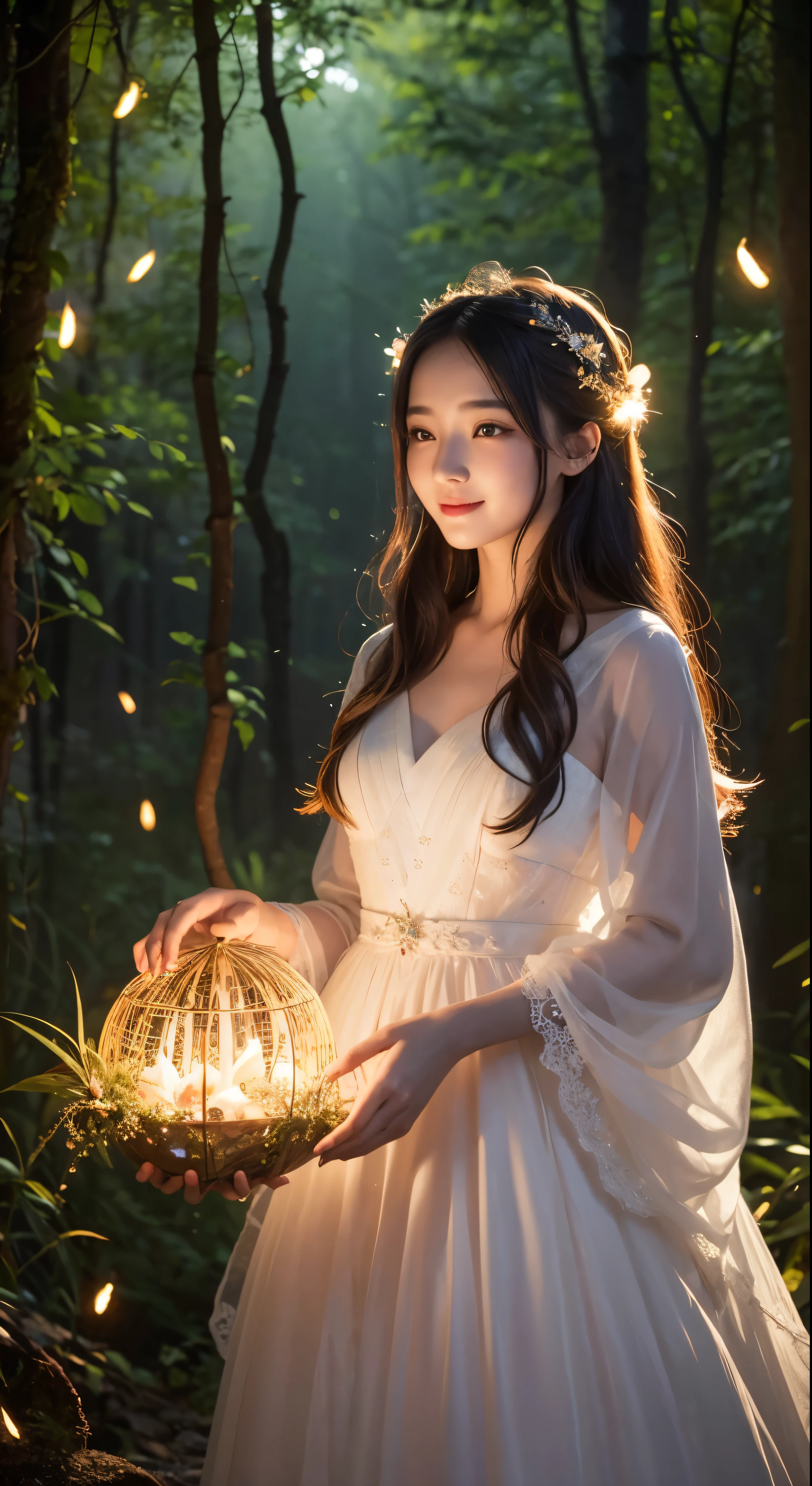 1girls, ,,Simper smile, High-definition image, a woman, her hair adorned with glowing fireflies, eyes shimmering with enchantment. Dressed in a gown made from woven moonlight, she stands in a mystical forest where trees come to life. The scene, bathed in the ethereal glow of the fireflies, captured in the style of a magical forest artwork., (masterpiece, best quality, official art,intricate details:1.2)