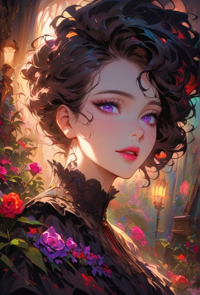 anime,beautiful detailed eyes,beautiful detailed lips,extremely detailed eyes and face,longeyelashes,colorful,vivid colors,portrait,landscape,horror,studio lighting,sharp focus,physically-based rendering,extreme detail description,professional,bokeh,HDR,UHD,ultra-fine painting,concept artists,gothic,Victorian-style bedroom,beautiful witch,dark atmosphere,vibrant colors,soft lighting,enchanted plants,flowing lavender,anime-style characters,mysterious shadows,exquisite details,vintage furniture,luxurious textures,eye-catching composition,romantic mood,rose,kissmark,monochrome,