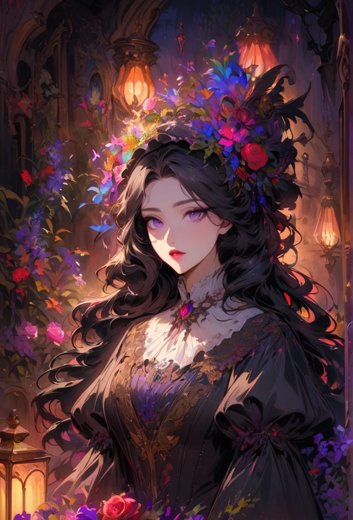 anime,beautiful detailed eyes,beautiful detailed lips,extremely detailed eyes and face,longeyelashes,colorful,vivid colors,portrait,landscape,horror,studio lighting,sharp focus,physically-based rendering,extreme detail description,professional,bokeh,HDR,UHD,ultra-fine painting,concept artists,gothic,Victorian-style bedroom,beautiful witch,dark atmosphere,vibrant colors,soft lighting,enchanted plants,flowing lavender,anime-style characters,mysterious shadows,exquisite details,vintage furniture,luxurious textures,eye-catching composition,romantic mood,rose,kissmark,monochrome,