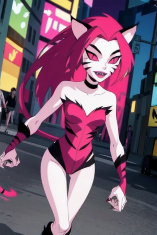 NyaNya, 1girl, solo, pink eyes, pink hair, pink skin, long hair, cat ears, pink sclera, cat tail, claws, slit pupils, pink lips, whisker markings, pink bodysuit, fangs, bare shoulders, choker,pink bodysuit, tight leggings