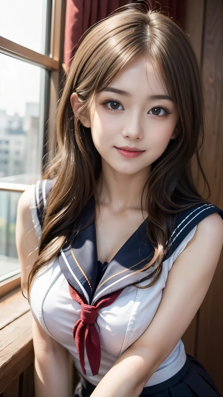 One Girl, Beautiful girl with beautiful details, Highly detailed eyes and face, Look at me, Open your mouth a little, Laugh shyly, Beautiful thighs, RAW Photos, (Highest quality:1.2), 8k, Attention to detail, High resolution, Highest quality, High resolutionの生のカラー写真, Professional photography, Cinematic Light, (Beautiful Face:1.2), (Beautiful breasts:1.2), (Sailor suit with a wide open chest:1.5), Beautiful breasts, (短いスカートから白いI can see her panties:1.5), I can see your crotch , room, (I can see her panties), Depth of written boundary, (View from below),