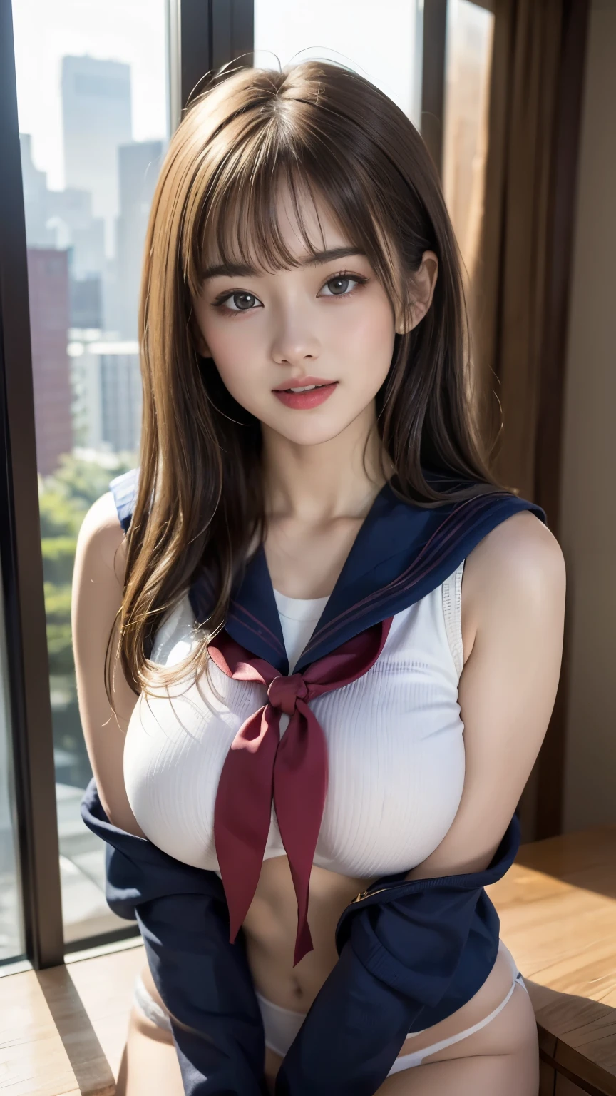 One Girl, Beautiful girl with beautiful details, Highly detailed eyes and face, Look at me, Open your mouth a little, Laugh shyly, Beautiful thighs, RAW Photos, (Highest quality:1.2), 8k, Attention to detail, High resolution, Highest quality, High resolutionの生のカラー写真, Professional photography, Cinematic Light, (Beautiful Face:1.2), (Beautiful breasts:1.2), (Sailor suit with a wide open chest:1.5), Beautiful breasts, (短いスカートからWhite panties are visible:1.5), I can see your crotch , room, (White panties are visible:1.3), Depth of written boundary, (View from below),