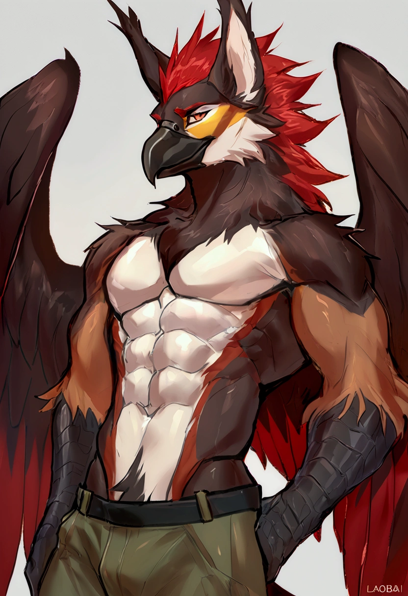 Male anthro avian gryphon, handsome, athletic, posing, dark red hair, brown body, by laobai, pants,