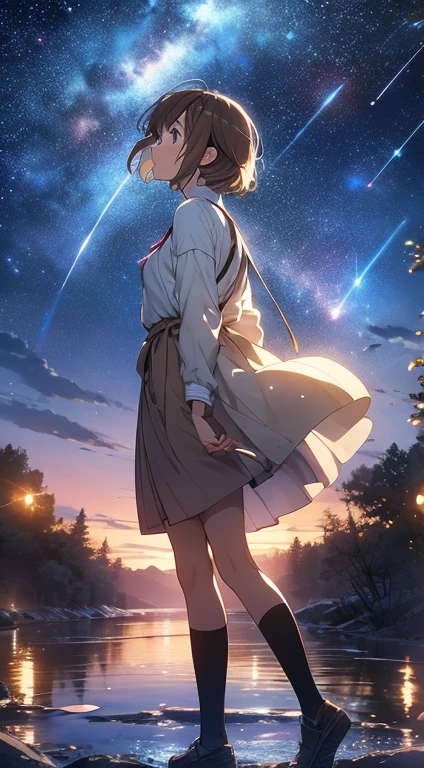 Anime Style, 1 Female, Brown haired, short hair, Full Body Lesbian, Looking away from the camera, Look up at the starry sky, Calm, Soft and dramatic lighting, Depth of written boundary, Bokeh, Vivid details, Surreal,