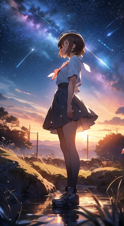 Anime Style, 1 Female, Brown haired, short hair, Full Body Lesbian, Looking away from the camera, Look up at the starry sky, Calm, Soft and dramatic lighting, Depth of written boundary, Bokeh, Vivid details, Surreal,
