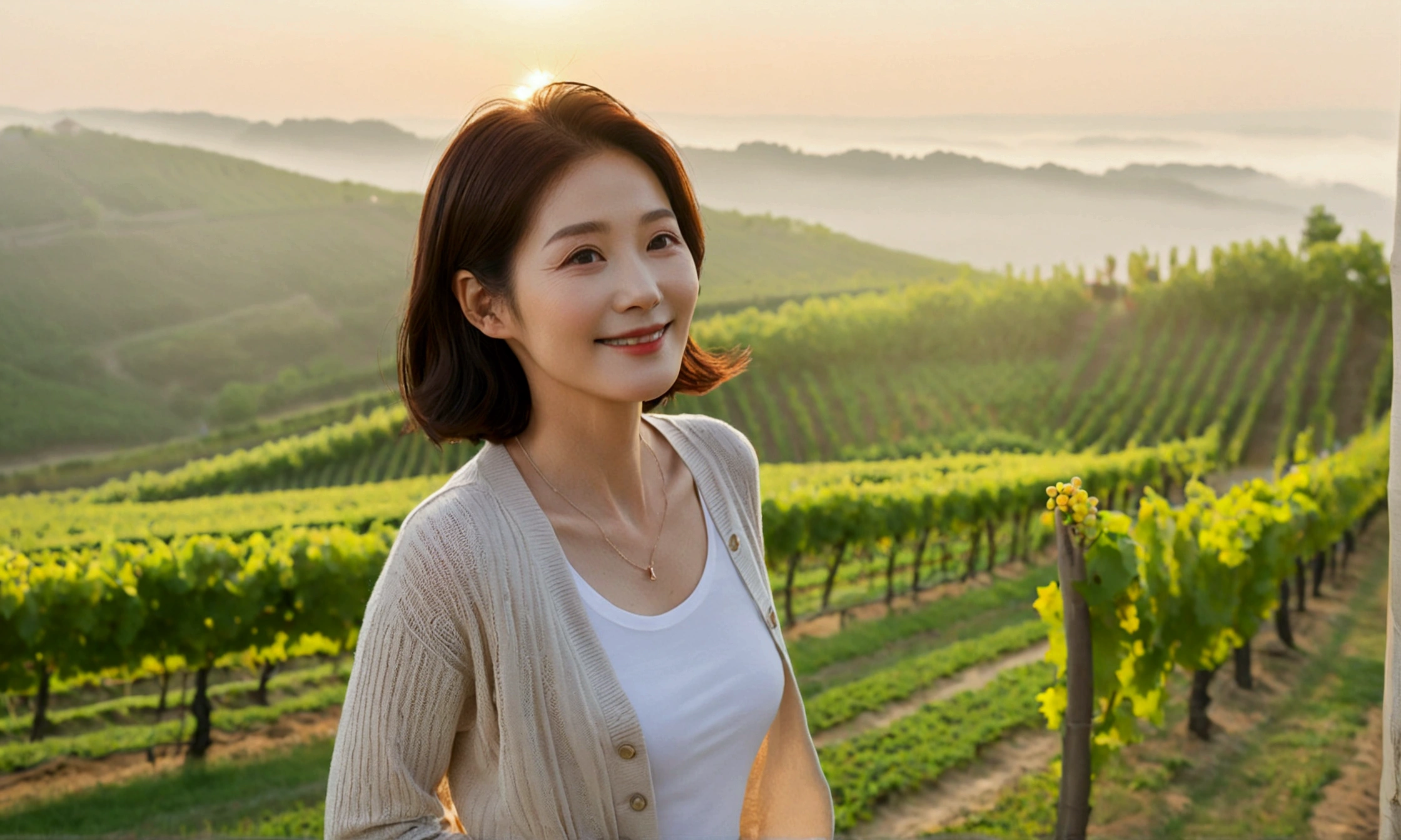 Italy foggy countryside dawn, Endless vineyards, A cathedral can be seen far away in the fog.. Korean woman in her 40s, Wearing a short cardigan over a luxury brand white T-shirt, casual pants, Korean woman with short and medium hair, hair is beautiful. Standing on a path on top of a vineyard hill, Beautiful Korean woman with bright and clear skin, the neck is long and beautiful. Inspired by Yoo Ji-in. Beautiful Korean woman smiling, standing in the vineyard,1 woman, Your eyes are big and pretty, standing on a hill in a vineyard, 1 woman, Clear picture quality, Fair skin and no wrinkles on the neck, The eyes are clear and big, Hair texture is clean and shiny, eyes are big