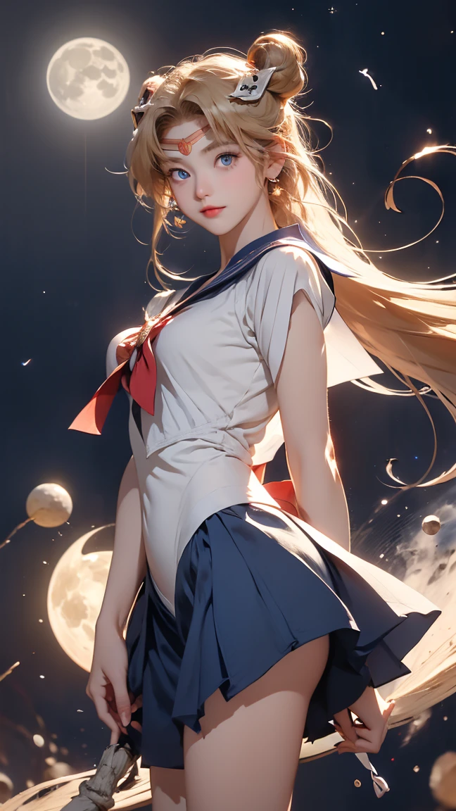 Sailor Moon, 1 girl, blue eyes, Long blond hair, Sailor Suit, Moon headdress, Hold the Moon Stick, standing on the moon, earth in background, space, Star, Confident smile.