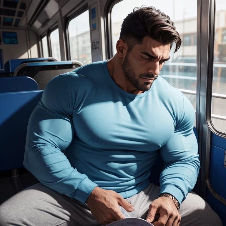 a very handsome, massively muscular man, with massively large muscles, with massively large biceps, with massively large arms, wearing a simple light blue sweatshirt with long sleeves, sitting on a bench in a very cramped bus