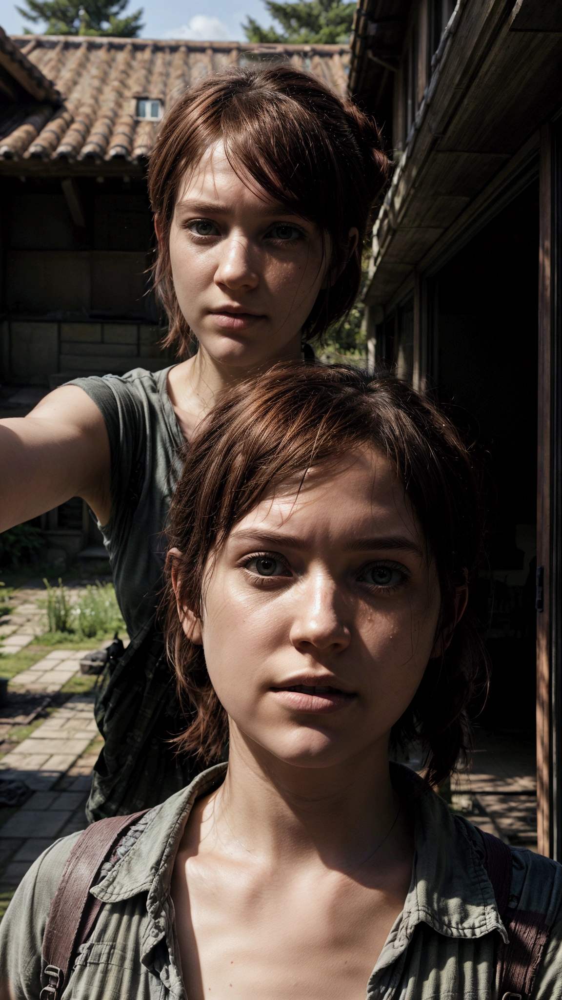 Ellie de the last of us, se prend en selfie seins nus, dans une maison abandonnée, rayon de soleil, cicatrice 