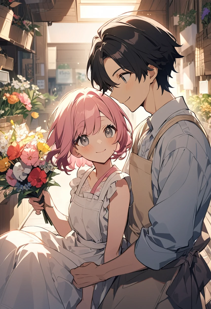 Anime Style、18、Pink Hair、Grey Eyes、Smile、short hair、Sit with your knees bent、Holding a bouquet、apron、Linen clothes、Two small twins with black hair, a boy and a girl, wearing straw hats、小さな男女にPink Hairの18歳が花束を渡している、Inside the flower shop、lighting