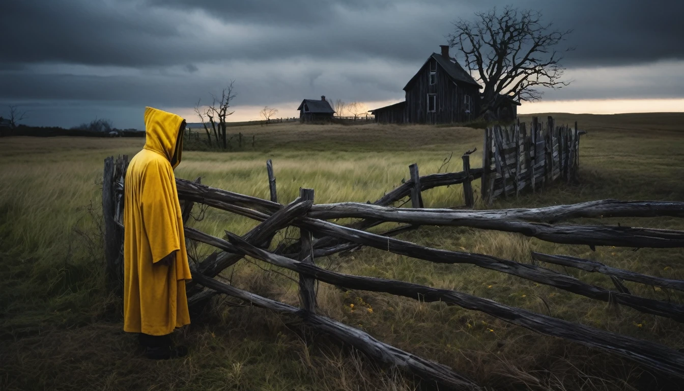 A haunting photograph of a man in a tattered yellow robe and hood, standing ominously near a dilapidated wooden fence. A dimly lit yellow lamp casts a eerie glow on the farmland, creating an unsettling atmosphere. The man's face is obscured, adding to the sense of mystery and terror. The sky is overcast, and a solitary tree looms in the background, its branches reaching out like gnarled fingers.