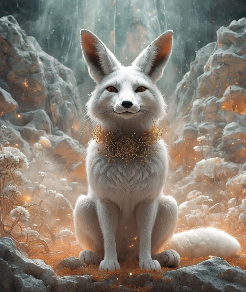 IP Design，Simplified Mechanical Space Bunny，Anatomically correct,Raw, Lenses, (Clear focus:1.5), (Reality:1.4), Dusk lighting, Volumetric Lighting, Ultra-high resolution, 16K,Dramatic Lighting, White background：1.5）（tangled，Mandala，Tangle，Entanglement：0.7）Fox Demon，Fox Mask，Short coat, Foxfire Curse, fox family, Transformation, Depth of Field, Dreamy atmosphere, The most beautiful form of chaos, grace, Dark theme of Fauvist design, Flower of Death, Flowers of ecstasy，Glowing Line,Glow Example，Tracking Example，flash， Backlight，translucent，Light Particles,HILL，exit