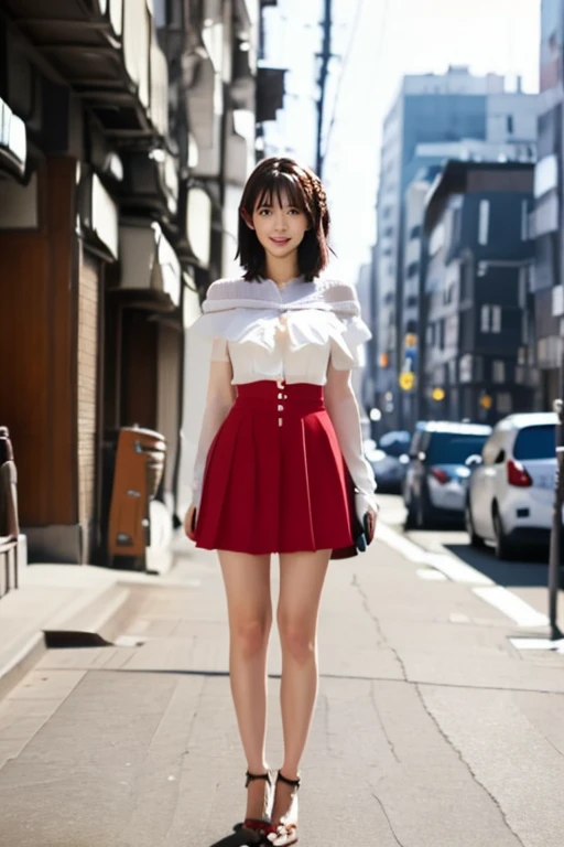 (detailed,Clear lines,highest quality, masterpiece,Bright and light, ROMANTIC atmosphere,sunset、Canon Photo Crystal Clear ,（Realistically:1.2）, (Red Casual Mini Skirt Dress)、Action pose、rather huge breasts, Take a full body photo, kind & seductive smile、Glamour body type、Medium Short Hair、tunnel, bokeh, SFW)